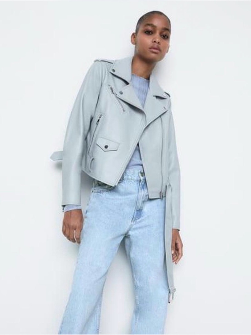 Zara Light Gray Cropped Leather Moto Jacket